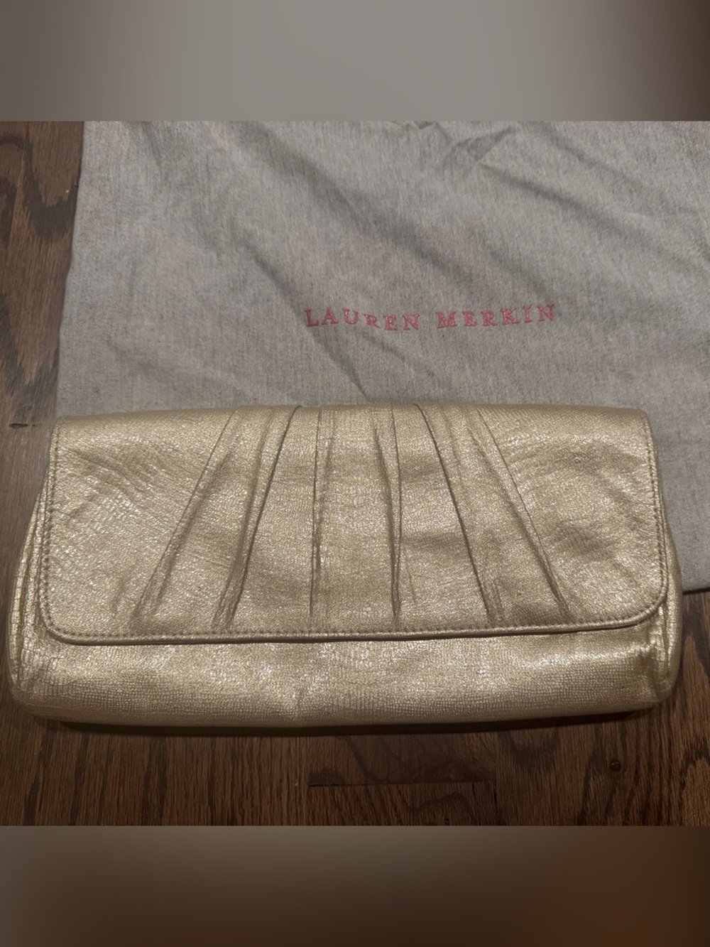 Lauren Merkin Shimmery Gold Pleated Leather Clutch
